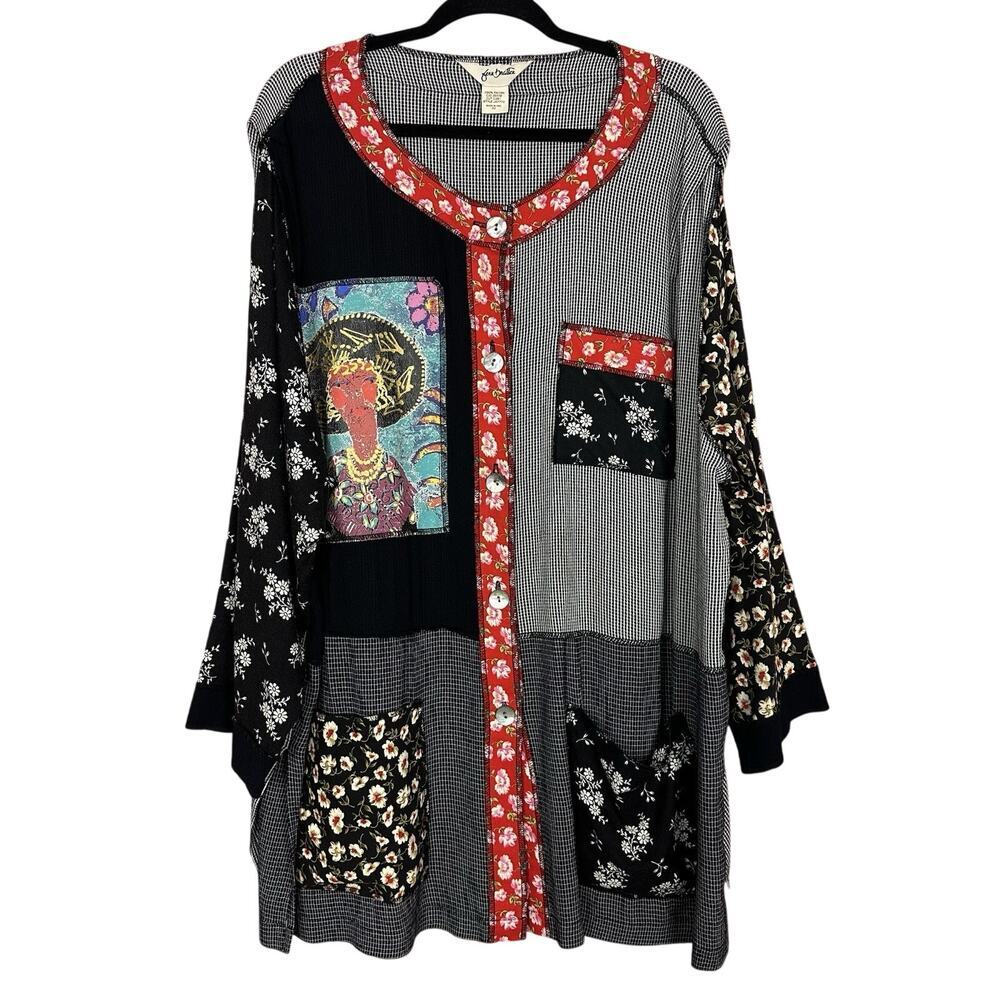 VTG Asian Patchwork Button Up Top Floral Print Made in‎ USA Womens Plus Size 22